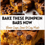 Close-up of soft Pumpkin Chocolate Chip Bars with melted Pumpkin Chocolate Chips and a sprinkle of cinnamon.